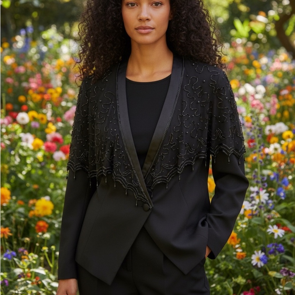 Black Beaded Capelet Blazer